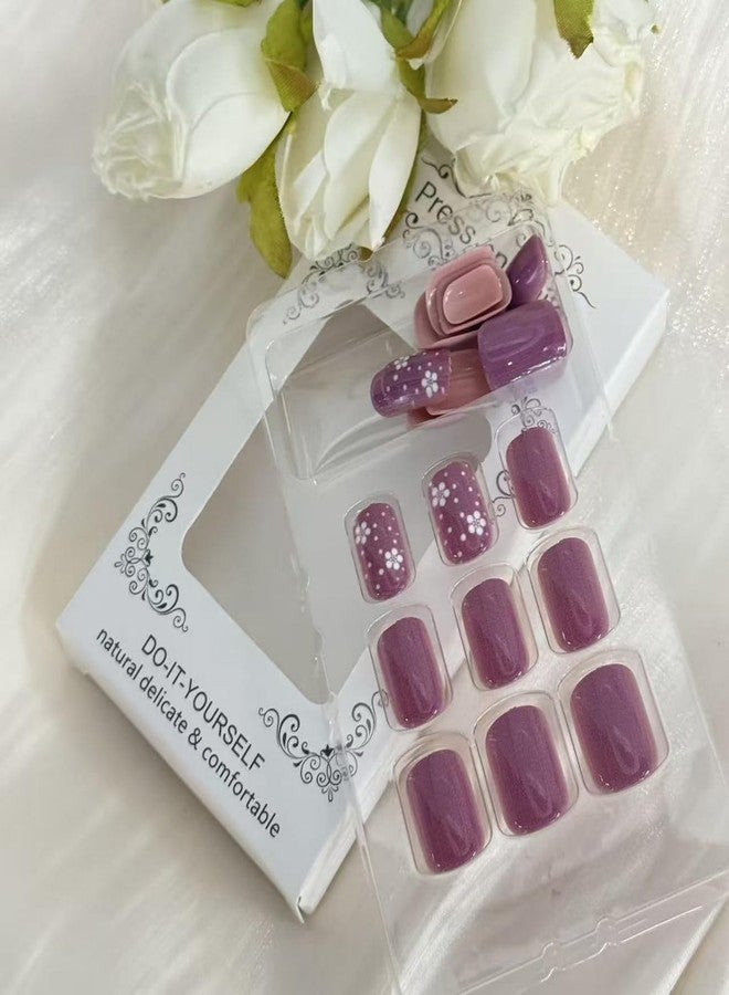 GRITOSE Short Square Press on Nail Flower Fake Nails Purple with Polka Dot designs Glossy Stick on Nail Full Cover Cute False Nails Spring Summer Glue on Nails Reusable Manicure for Women Girls 24pcs - Image 3